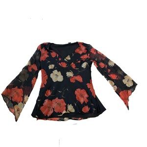 Vintage Silk Whimsigoth Bell Sleeve Blouse - Black and Red size L Mesh Sleeves